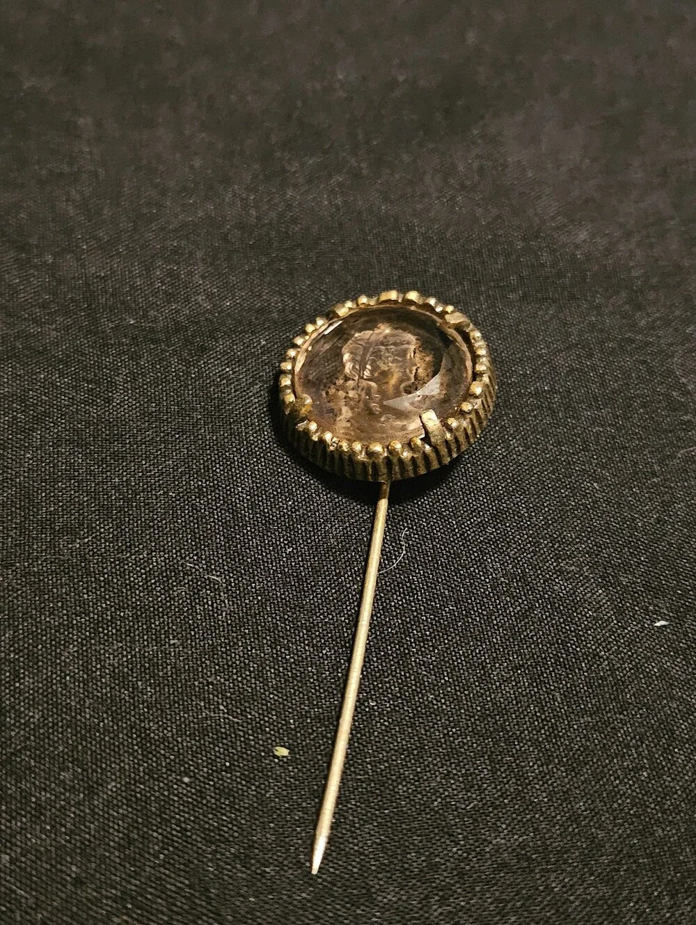 Antique Victorian Glass Intaglio Stickpin Neo Classical Cameo Head Gold Tone Pin